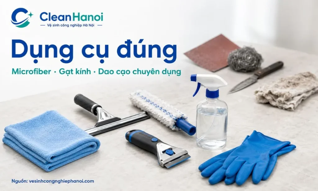 Dụng cụ lau kính sau xây dựng gồm khăn microfiber, cây gạt kính, dao cạo kính chuyên dụng và bình xịt nước sạch