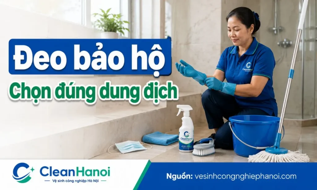 Dụng cụ tẩy rêu mốc trong nhà gồm găng tay, khẩu trang, bàn chải mềm và dung dịch vệ sinh