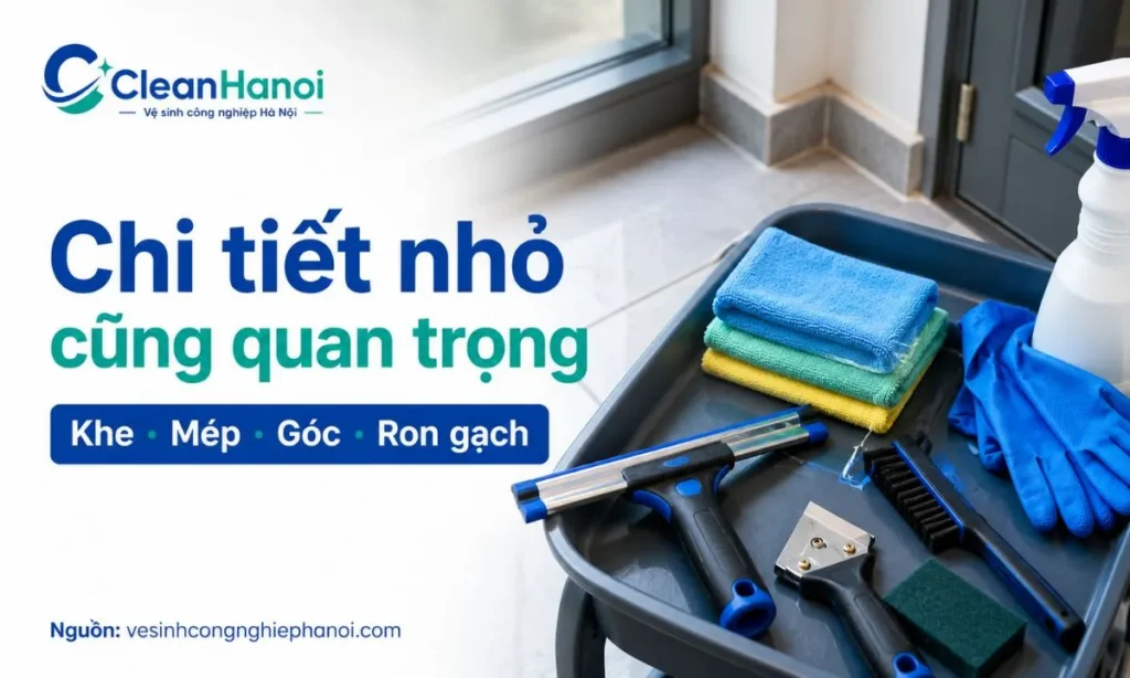 Hình ảnh minh họa các dụng cụ thủ công dùng để xử lý góc cạnh, khe nhỏ, mép kính, chân tường, khe ron, tay nắm, công tắc và các chi tiết máy móc không vào được.
