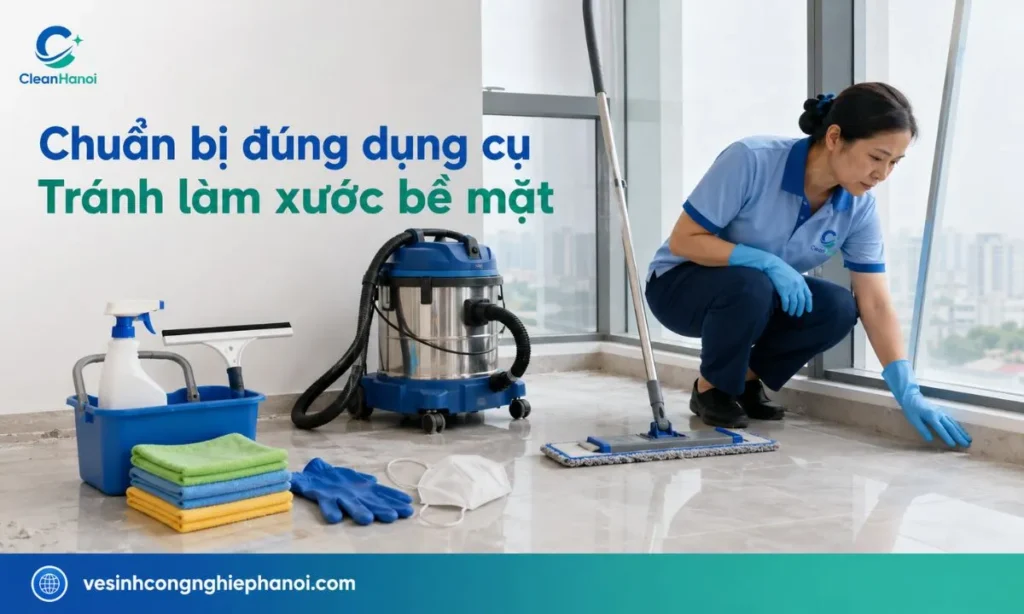 Dụng cụ vệ sinh nhà mới xây gồm máy hút bụi, khăn lau, cây lau kính và bảo hộ
