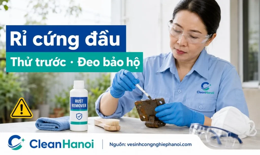 Dùng dung dịch tẩy rỉ sét chuyên dụng cho kim loại cần đeo găng tay, thử trước và làm nơi thông thoáng