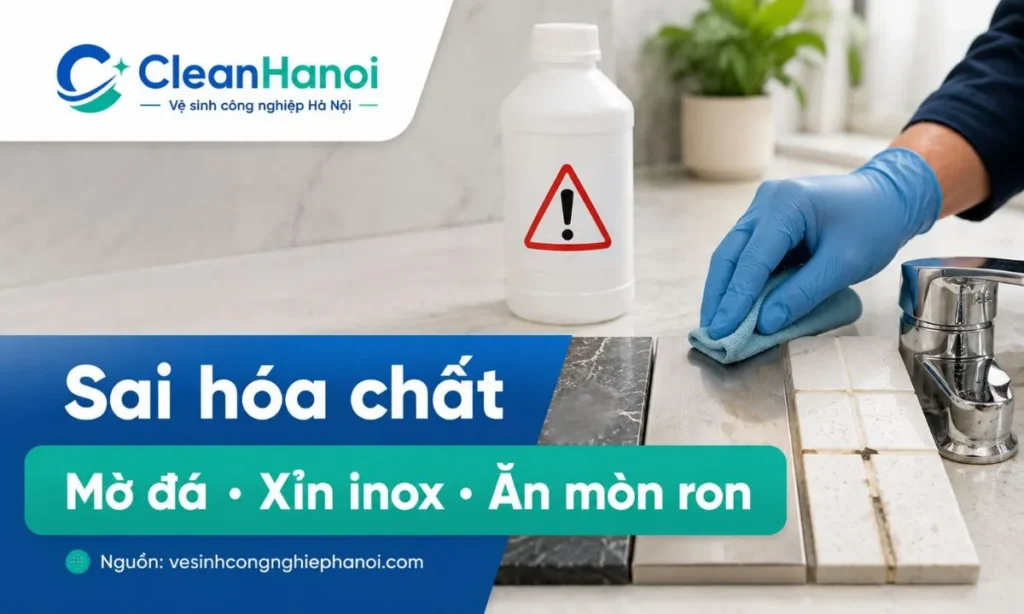 Dùng axit Javen hoặc chất tẩy mạnh sai bề mặt có thể làm mờ đá xỉn inox và ăn mòn phụ kiện