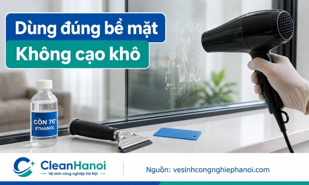 Dùng máy sấy, cồn, dao cạo kính và thẻ nhựa mềm để tẩy keo đúng cách