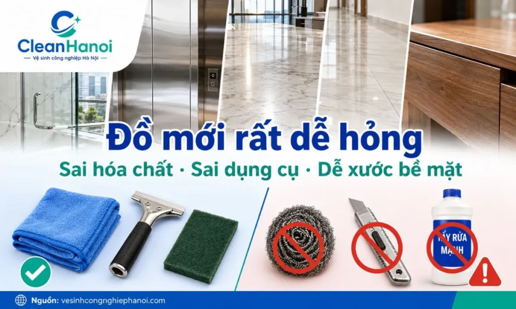 Dùng sai hóa chất, dao cạo hoặc búi sắt có thể làm xước kính, sàn, inox, đá và đồ gỗ mới