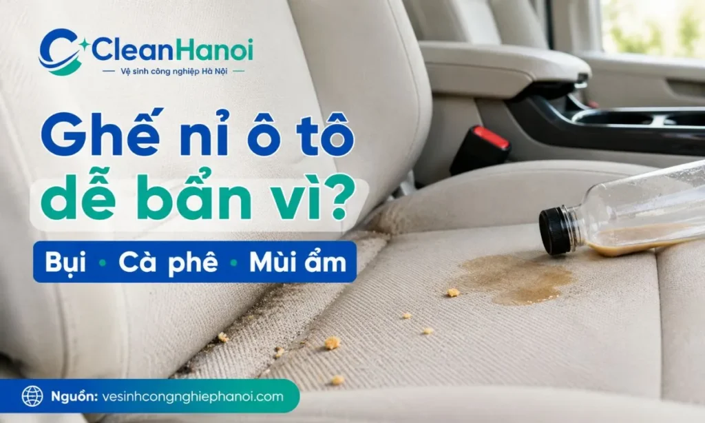 Hình ảnh minh họa các vấn đề thường gặp trên ghế nỉ ô tô như bụi cát, vụn thức ăn, cà phê, dầu mỡ nhẹ và mùi ẩm tích tụ trong khoang xe kín.
