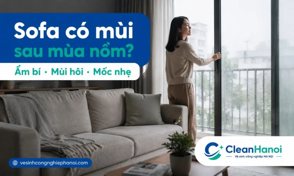 Ghế sofa có mùi hôi sau mùa nồm thường do độ ẩm cao, phòng kín, bụi bẩn, mồ hôi, lông thú cưng, thức ăn hoặc mốc nhẹ bám trong vải và khe ghế.
