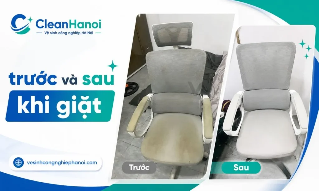 Ảnh thể hiện hiện trạng ghế văn phòng bị bám bụi, xỉn màu, có vết ố hoặc vùng ngồi sậm màu cần vệ sinh định kỳ.