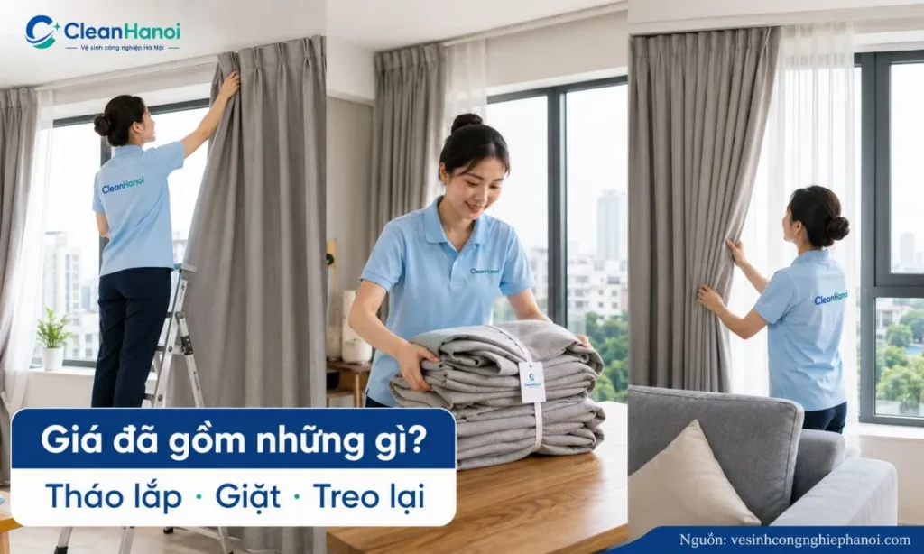 Báo giá giặt rèm tại nhà có thể bao gồm kiểm tra rèm, tháo lắp, phân loại, giặt hoặc vệ sinh theo chất liệu, làm khô, treo lại và dọn gọn khu vực thi công.