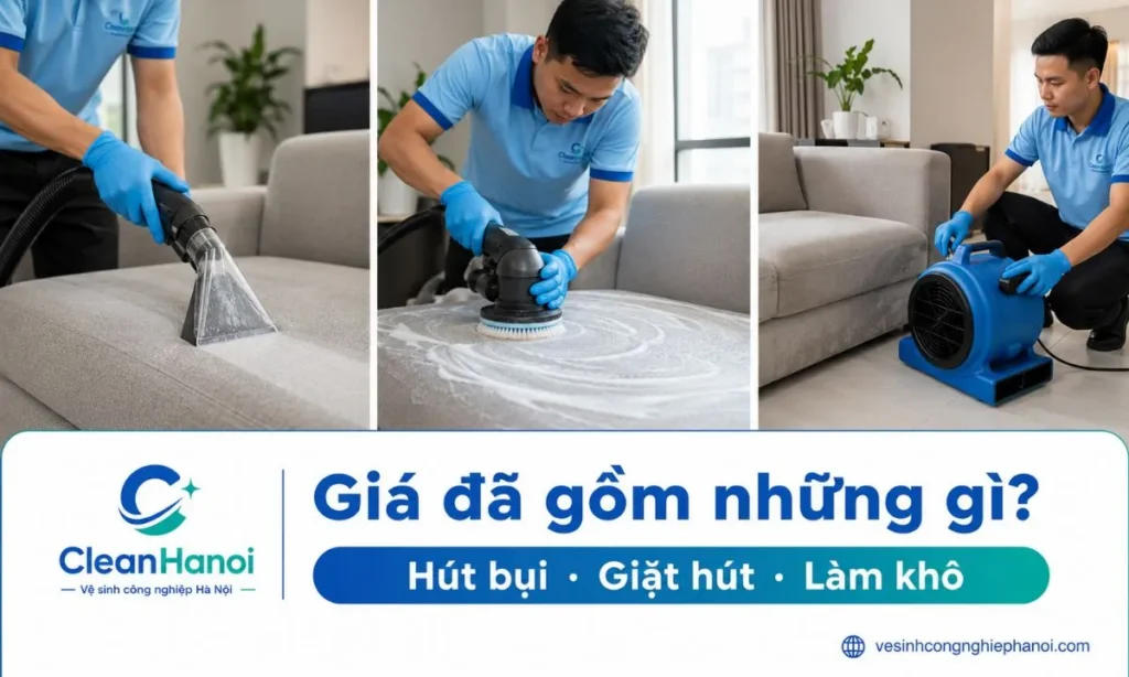 Một ca giặt sofa cơ bản thường gồm kiểm tra chất liệu, hút bụi, làm sạch khe ghế, xử lý điểm bẩn nhẹ, giặt hút và hỗ trợ làm khô.