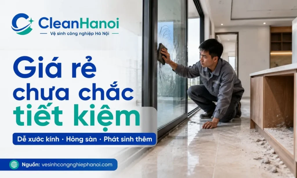 Hình ảnh minh họa rủi ro khi chọn dịch vụ vệ sinh sau xây dựng giá rẻ như dùng sai dụng cụ, làm xước kính, bỏ sót góc khuất hoặc không làm sạch bụi mịn đúng cách.