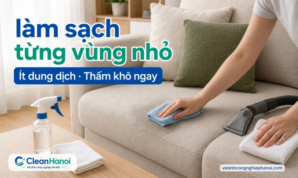 Cách giặt ghế sofa vải tại nhà đúng là hút bụi trước, thử dung dịch ở vị trí khuất, xử lý điểm bẩn, lau từng vùng nhỏ, dùng ít dung dịch và thấm khô nhiều lần để hạn chế ố loang.