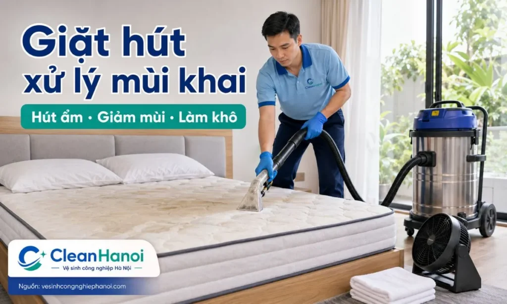 CleanHanoi kiểm tra vùng thấm, xử lý điểm bẩn, giặt hút đệm bằng máy phun hút phù hợp và hỗ trợ làm khô để cải thiện mùi nước tiểu trên đệm.