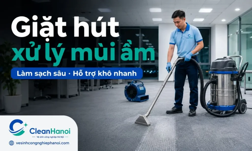 CleanHanoi kiểm tra vùng thảm có mùi, hút bụi, xử lý điểm bẩn, giặt hút bằng máy chuyên dụng và hỗ trợ làm khô để cải thiện mùi ẩm mốc trong thảm văn phòng.