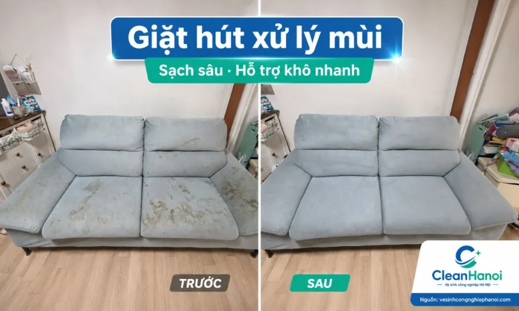 CleanHanoi kiểm tra chất liệu, hút bụi, làm sạch khe ghế, xử lý mùi và vết bẩn, giặt hút sofa vải nỉ và hỗ trợ làm khô để hạn chế mùi ẩm quay lại.