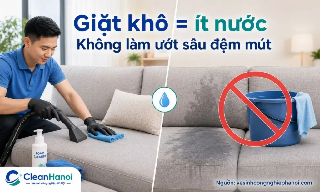 Giặt khô sofa tại nhà thường là phương pháp làm sạch ít nước, dùng hút bụi, khăn ẩm vắt ráo, foam vệ sinh hoặc bột hút mùi để hạn chế ẩm đi sâu vào đệm mút.
