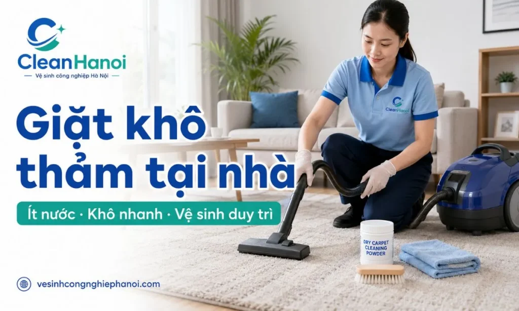 Hướng dẫn giặt khô thảm tại nhà bằng phương pháp ít nước, dùng bột hoặc foam vệ sinh thảm, hút bụi kỹ, chải nhẹ và làm thoáng phòng để thảm khô nhanh hơn.
