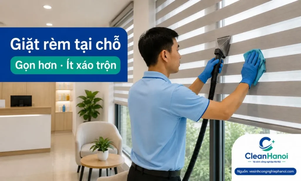 Giặt rèm tại chỗ phù hợp với rèm cuốn, rèm cầu vồng, rèm roman, rèm văn phòng hoặc rèm ít bẩn, chủ yếu cần hút bụi, lau bề mặt và xử lý điểm bẩn nhẹ.