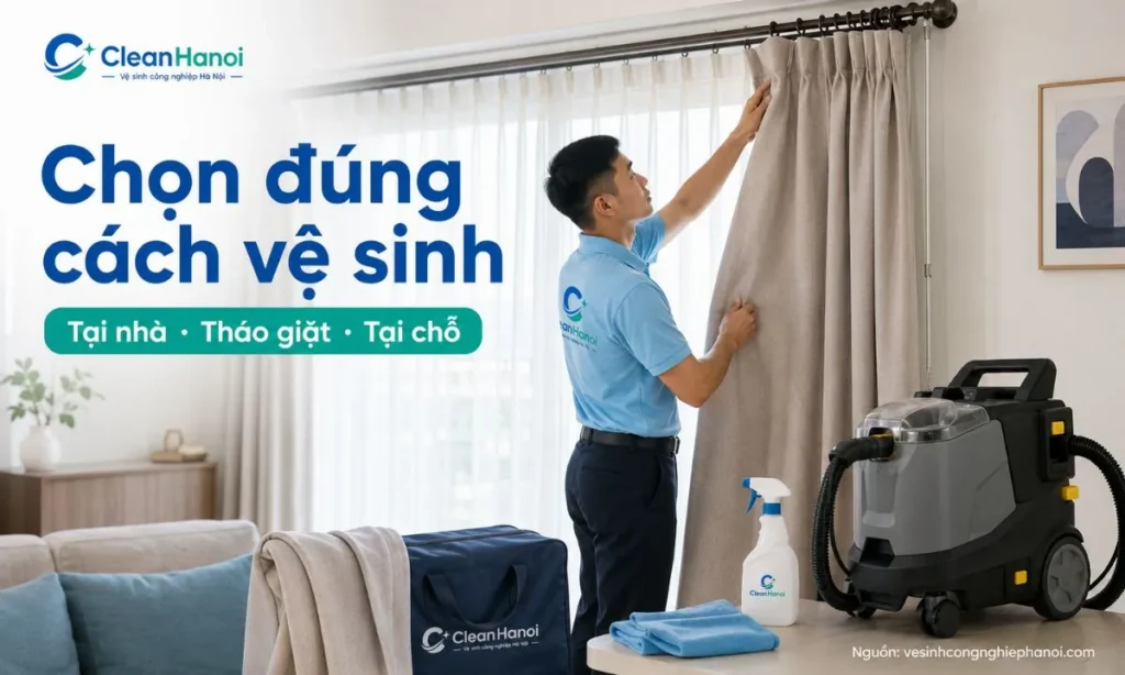 CleanHanoi kiểm tra loại rèm, chất liệu, phụ kiện và độ cao lắp đặt để tư vấn giặt tại nhà, tháo giặt hoặc vệ sinh rèm tại chỗ.