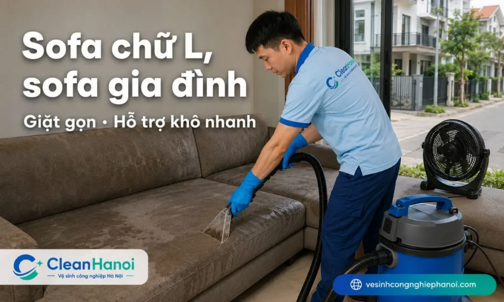 CleanHanoi nhận giặt sofa vải, nỉ, sofa chữ L, sofa góc, sofa giường, ghế tiếp khách và sofa gia đình tại nhà riêng, khu đô thị, tòa nhà ở Hoài Đức.