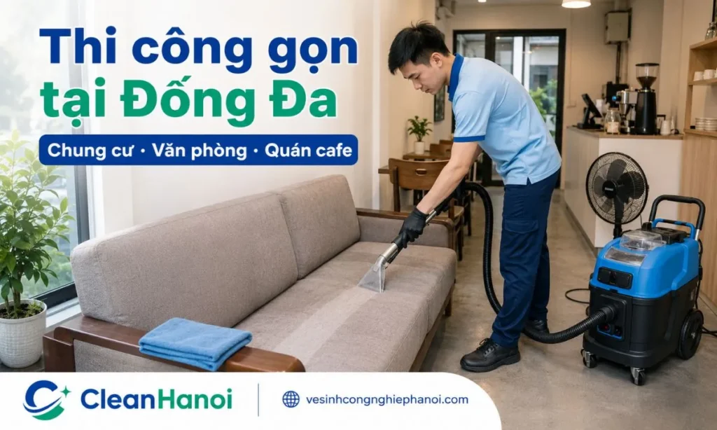 CleanHanoi nhận giặt sofa tại chung cư, nhà riêng, văn phòng nhỏ, phòng họp, quán cafe, showroom, phòng khám và khu tiếp khách ở quận Đống Đa, có thể tư vấn khung giờ thi công phù hợp.