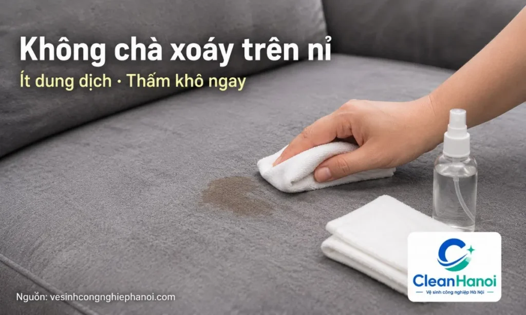 Cách giặt sofa nỉ đúng là hút bụi trước, thử dung dịch ở vị trí khuất, xử lý từng điểm bẩn, dùng ít dung dịch, không chà xoáy mạnh và thấm khô nhiều lần.
