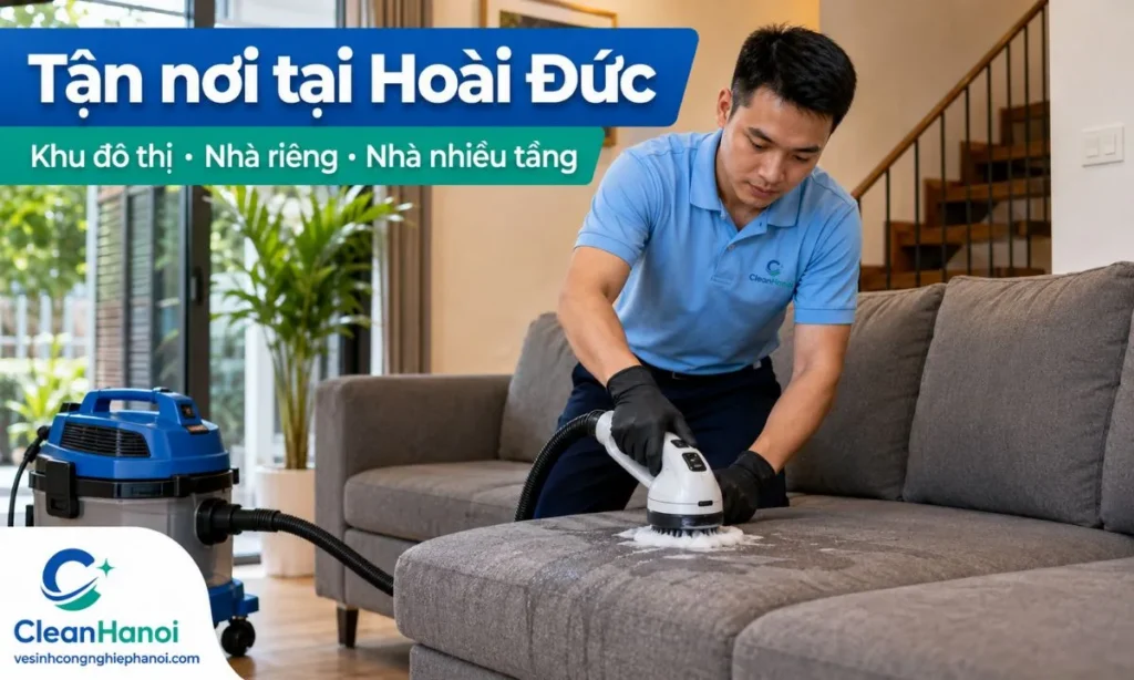 CleanHanoi nhận giặt sofa tận nơi tại Hoài Đức cho nhà riêng, khu đô thị, tòa nhà, nhà nhiều tầng, cửa hàng và khu vực cần báo trước thông tin ra vào, chỗ gửi xe, thang máy hoặc khung giờ thi công.