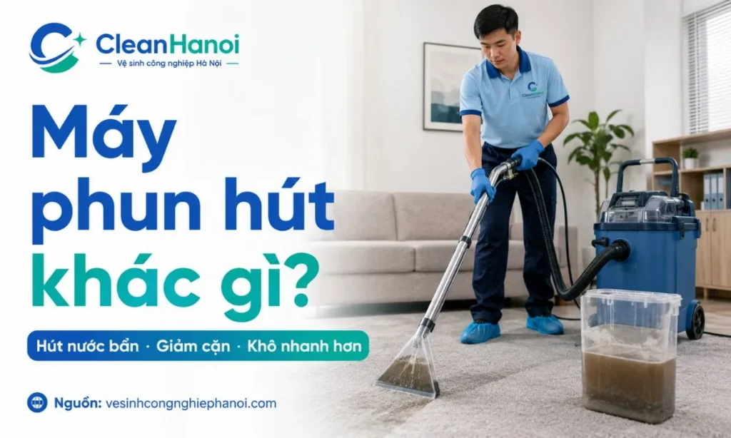 Hình ảnh minh họa máy phun hút giặt thảm đưa dung dịch vào sợi thảm và hút ngược nước bẩn, bụi, cặn xà phòng ra ngoài, giúp thảm sạch hơn và nhanh khô hơn so với tự giặt thủ công.