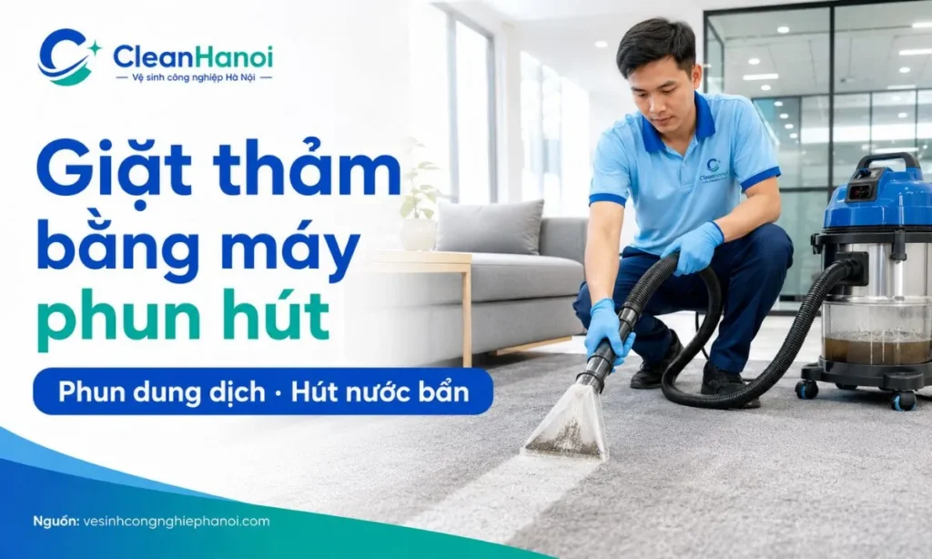 Giặt thảm bằng máy phun hút giúp phun dung dịch và hút nước bẩn ra khỏi sợi thảm