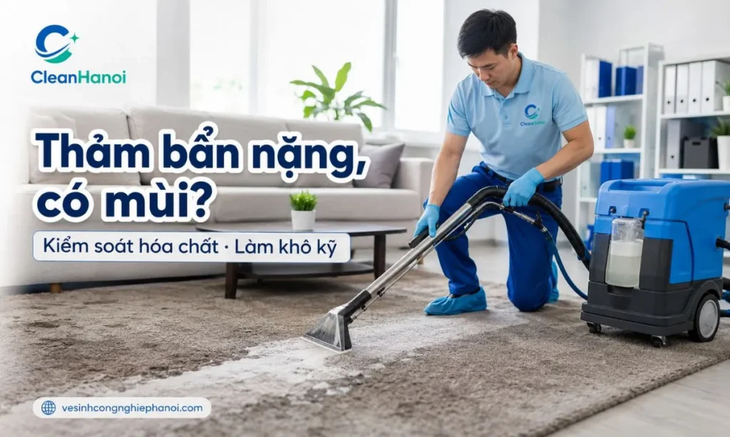 Nhân viên CleanHanoi giặt thảm bằng máy chuyên dụng, kiểm soát hóa chất và độ ẩm