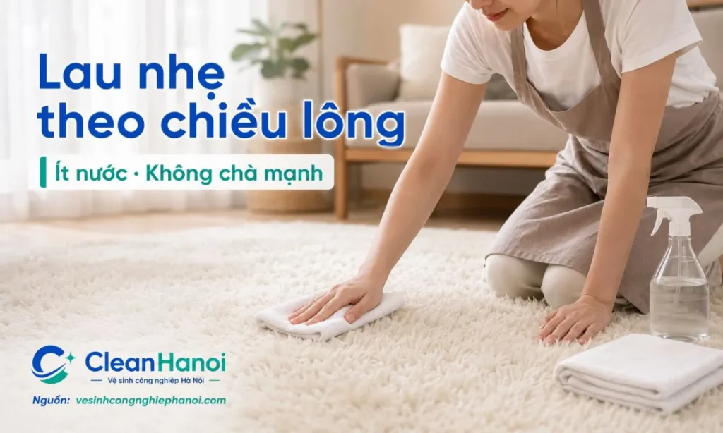 Cách giặt thảm lông cừu đúng là dùng dung dịch nhẹ pha loãng, khăn mềm vắt ráo, lau theo chiều lông, không làm ướt sũng, không chà mạnh và lau lại bằng khăn sạch để giảm cặn xà phòng.