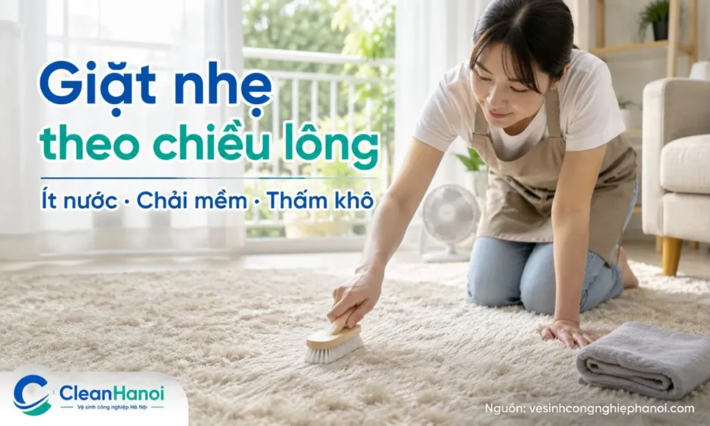Cách giặt thảm lông tại nhà đúng là hút bụi trước, dùng dung dịch nhẹ, làm sạch theo từng vùng bằng khăn mềm hoặc bàn chải mềm, chải theo chiều lông và thấm bớt ẩm sau khi vệ sinh.