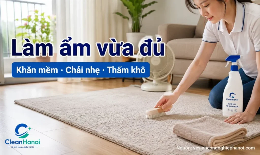 Cách giặt thảm nỉ tại nhà đúng là hút bụi trước, kiểm tra độ bền màu, dùng dung dịch giặt nhẹ pha loãng, làm sạch từng vùng bằng khăn hoặc bàn chải mềm và thấm khô sau khi vệ sinh.