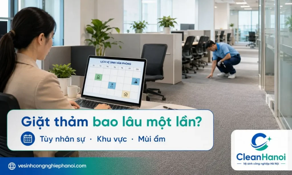 Tần suất giặt thảm văn phòng phụ thuộc vào mật độ nhân sự, khu vực sử dụng, lượng khách ra vào, tình trạng mùi ẩm, vệt bẩn và điều kiện thông gió trong phòng.