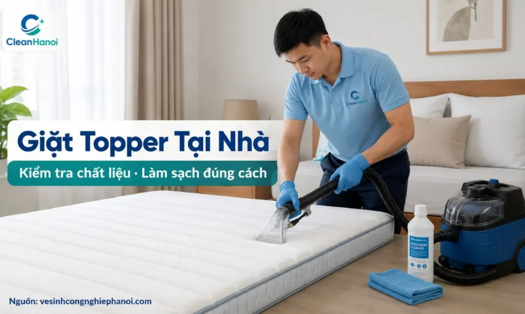 CleanHanoi cung cấp dịch vụ giặt topper tại nhà Hà Nội cho topper bông, foam, memory foam, cao su non, topper tháo vỏ và topper dùng lâu ngày bị bụi, mùi hoặc vết bẩn.