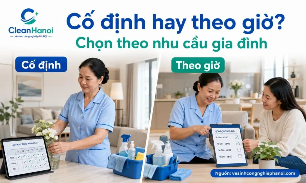 Hình ảnh minh họa lựa chọn giữa giúp việc cố định và giúp việc theo giờ, phù hợp với gia đình cần dọn dẹp định kỳ, không muốn tự quản lý người làm lâu dài hoặc chỉ cần hỗ trợ theo buổi.