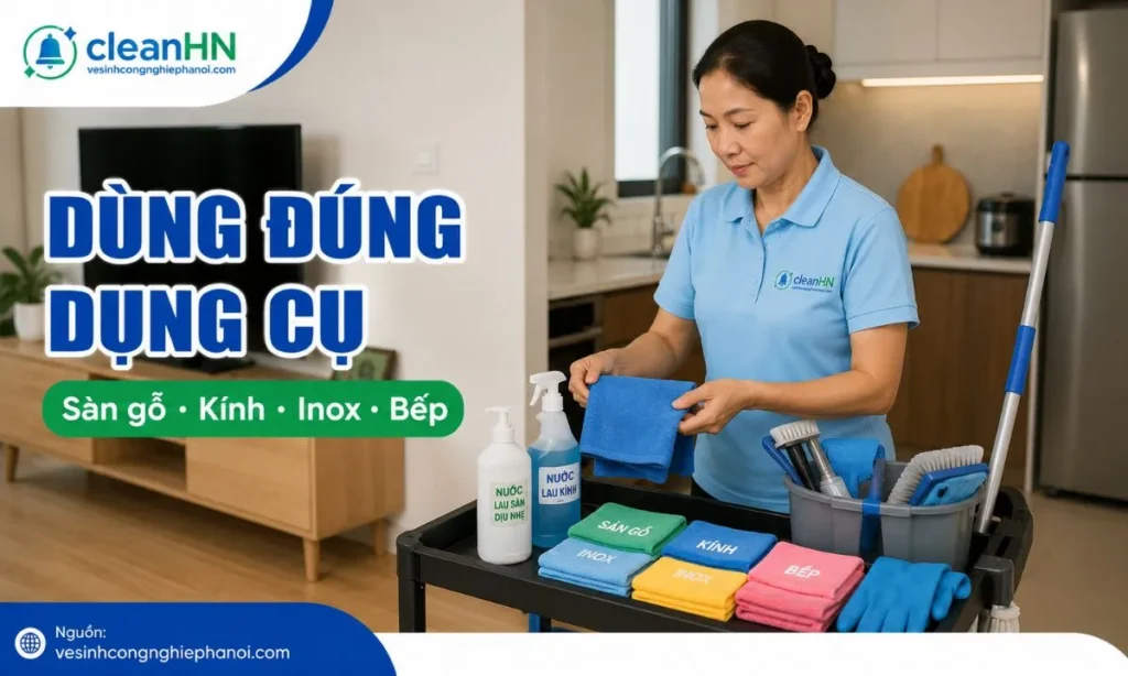 Người giúp việc theo giờ dùng đúng khăn, cây lau và hóa chất cho sàn gỗ, kính, inox, bếp và nhà tắm