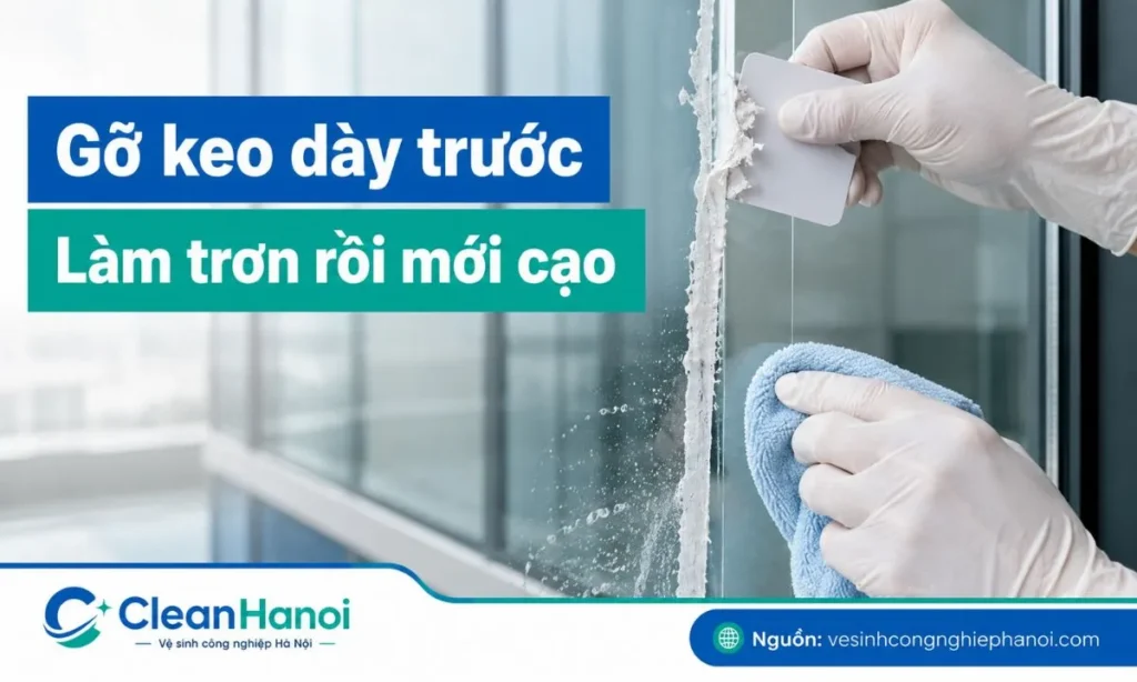 Gỡ phần keo silicon dày và làm trơn mặt kính bằng nước rửa chén trước khi cạo