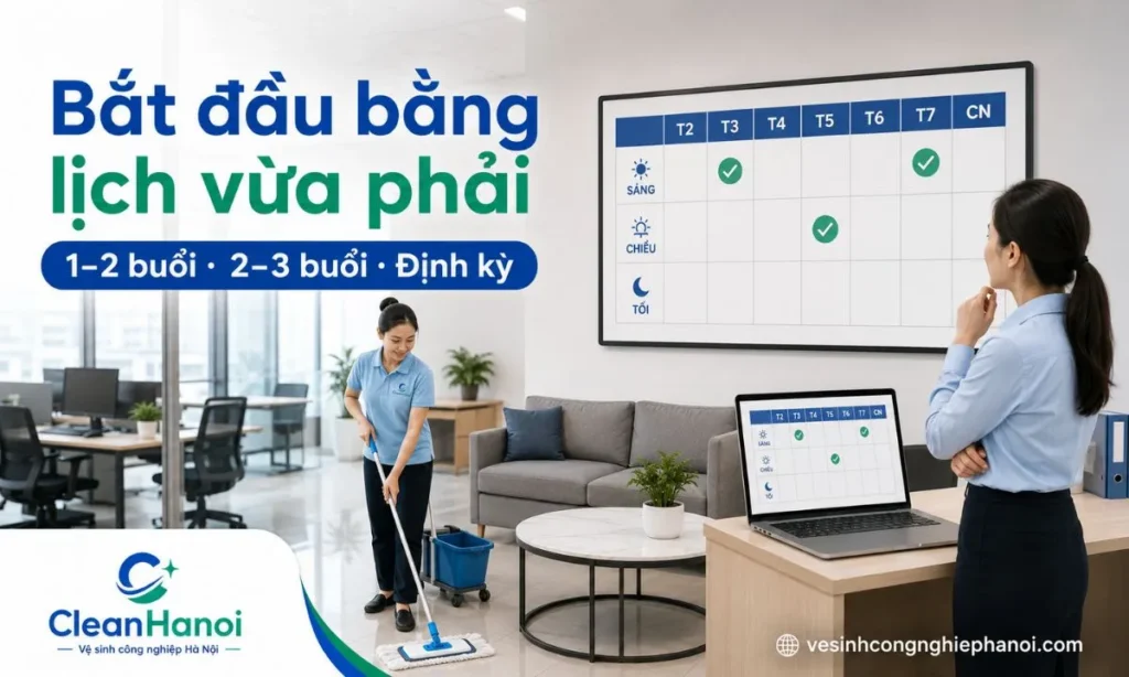Văn phòng nhỏ có thể bắt đầu với lịch vệ sinh 1–2 buổi mỗi tuần, 2–3 buổi mỗi tuần hoặc lịch định kỳ cố định tùy diện tích, số nhân sự, pantry, WC và tần suất khách đến.