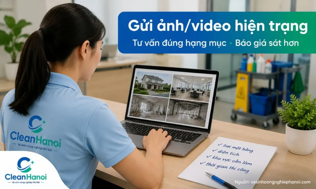 Khách hàng gửi ảnh hoặc video hiện trạng qua Zalo cho CleanHanoi để được tư vấn loại mặt bằng, hạng mục cần làm và chi phí tham khảo trước khi thi công.