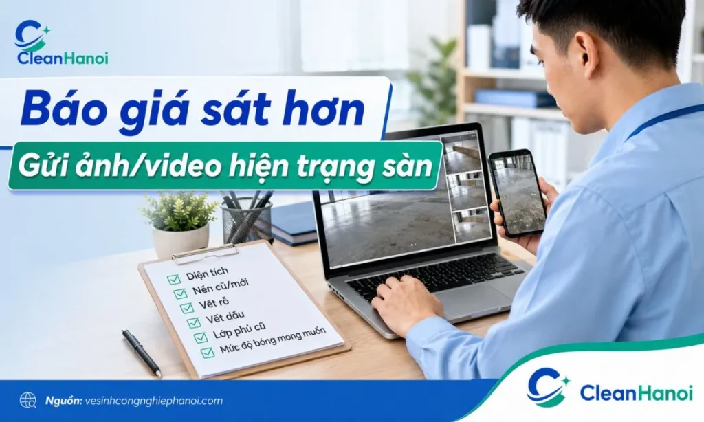 Hình ảnh minh họa khách hàng gửi ảnh/video hiện trạng sàn bê tông để CleanHanoi tư vấn phương án đánh bóng, khảo sát và báo giá phù hợp với thực tế công trình.