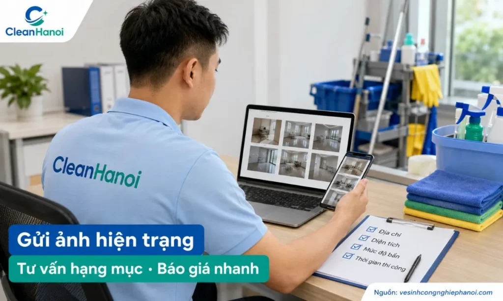 Khách hàng tại Chương Mỹ có thể gửi ảnh hoặc video hiện trạng qua Zalo để CleanHanoi tư vấn hạng mục cần làm và báo giá nhanh.