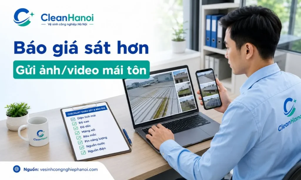 Hình ảnh minh họa khách hàng gửi ảnh hoặc video hiện trạng mái tôn, máng xối, độ cao, khu vực bẩn và đường tiếp cận để CleanHanoi tư vấn phương án vệ sinh phù hợp.