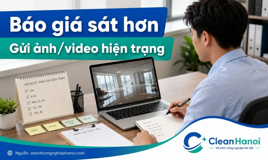 Hình ảnh minh họa khách hàng gửi ảnh/video hiện trạng công trình sau xây dựng để đơn vị vệ sinh tư vấn hạng mục, báo giá sát hơn và giảm phát sinh khi thi công.