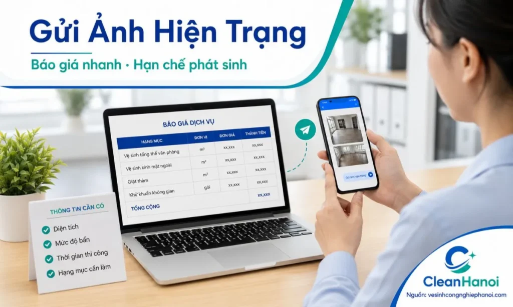Khách hàng có thể gửi ảnh hoặc video hiện trạng qua Zalo để CleanHanoi kiểm tra diện tích, mức độ bẩn và tư vấn giá vệ sinh phù hợp.