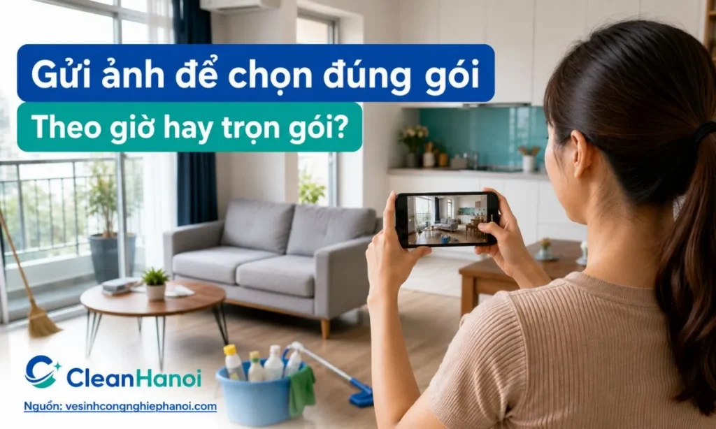 Khách hàng nên gửi ảnh hiện trạng phòng khách, phòng ngủ, bếp, WC, ban công, kính, sàn và nhu cầu dọn duy trì hay tổng vệ sinh để CleanHanoi tư vấn đúng gói dọn nhà.