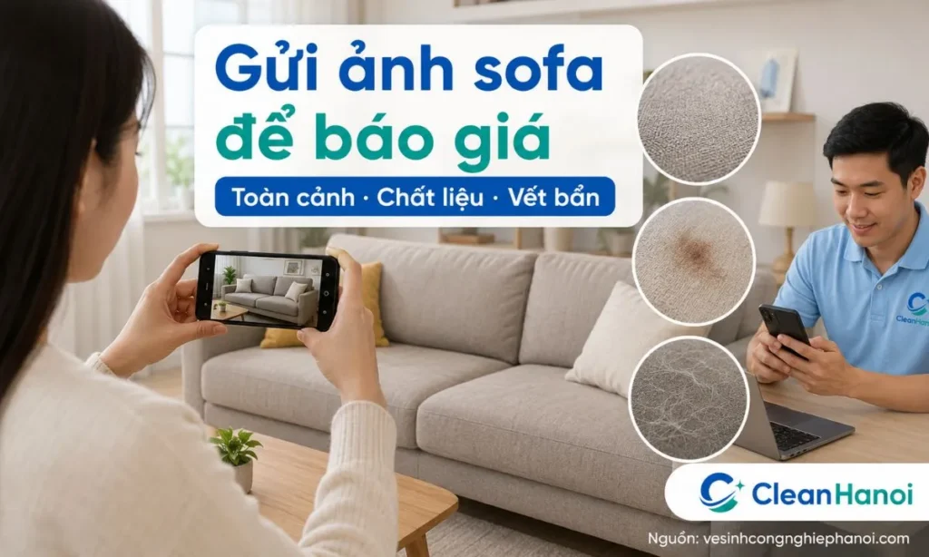 Khách hàng nên gửi ảnh toàn cảnh sofa, ảnh cận chất liệu, ảnh vết bẩn, số chỗ ngồi, địa chỉ, tầng, thang máy và thời gian thi công để CleanHanoi báo giá giặt sofa sát hơn.