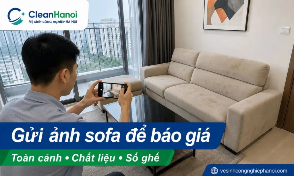 Khách hàng gửi ảnh toàn cảnh sofa, ảnh cận chất liệu, số ghế, kích thước gần đúng, tình trạng bẩn/mùi và địa chỉ tại Hà Đông để CleanHanoi báo giá sát hơn.