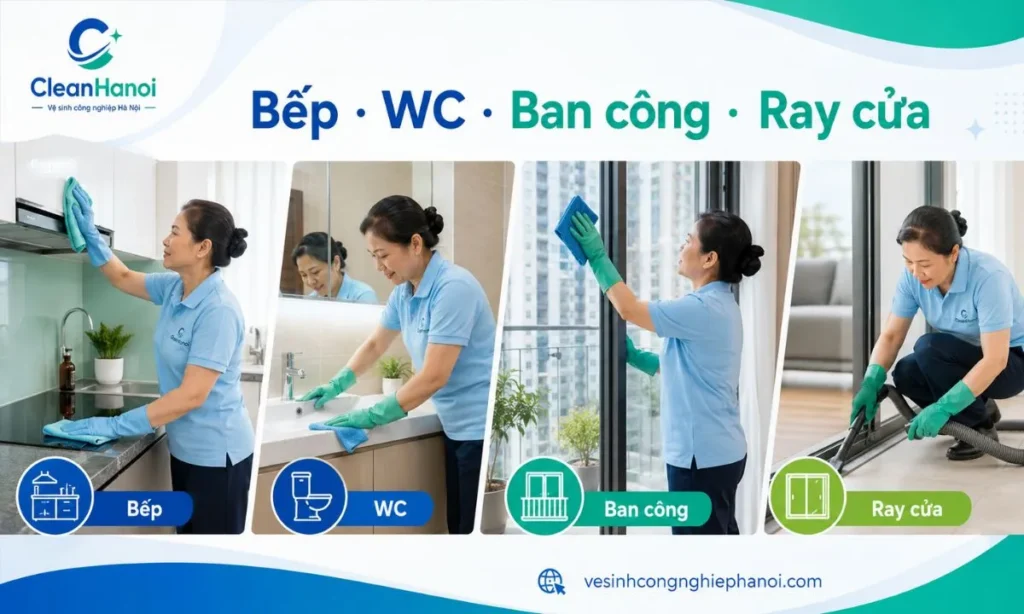 Vệ sinh khu bếp, nhà vệ sinh, ban công và ray cửa căn hộ chung cư
