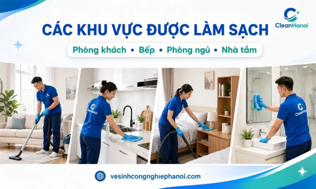 Các khu vực được vệ sinh gồm phòng khách, phòng ngủ, bếp, nhà tắm và ban công