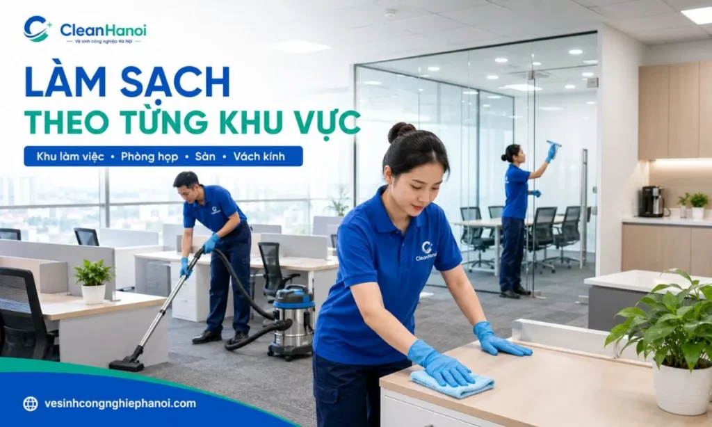 Nhân viên vệ sinh khu làm việc, phòng họp, sàn và vách kính văn phòng